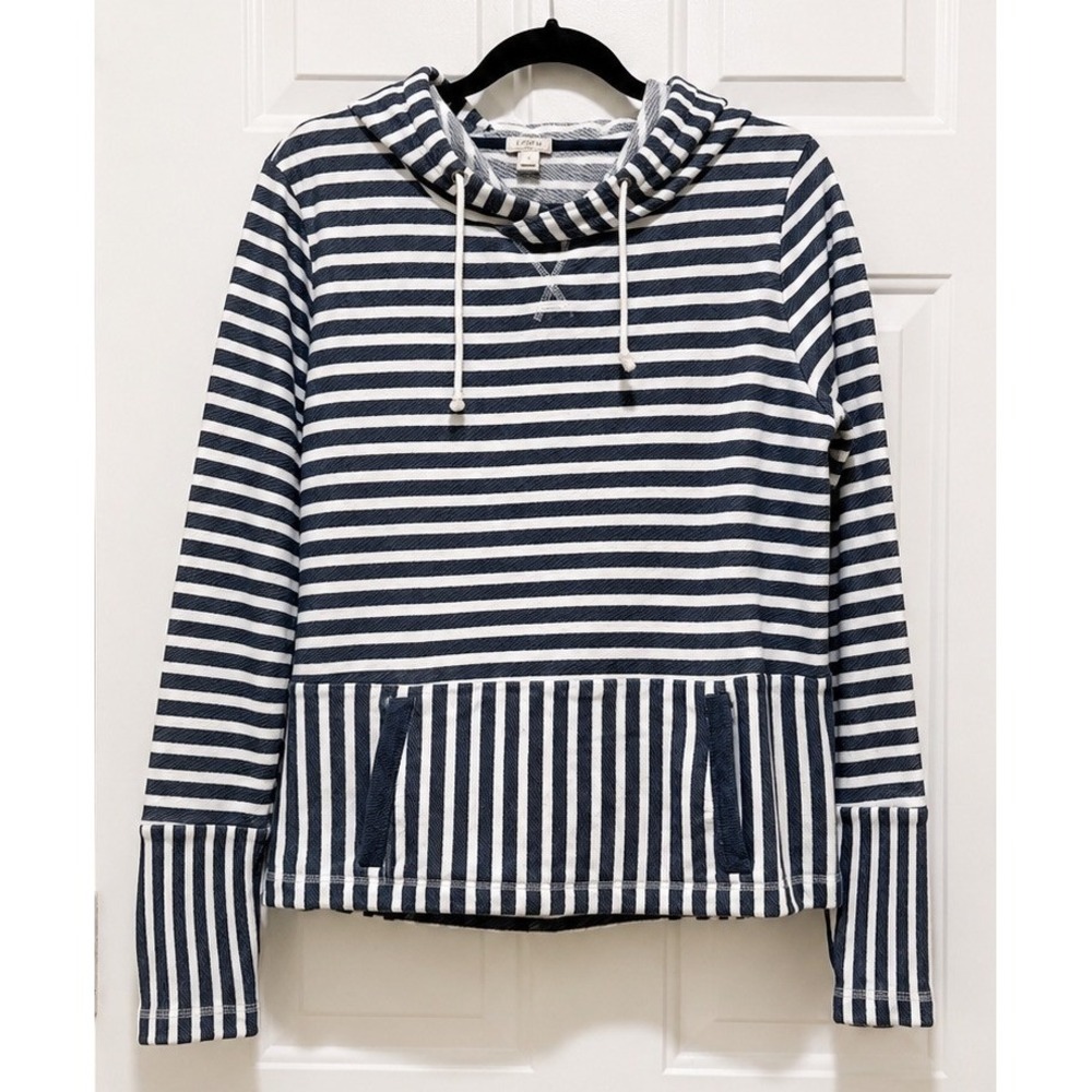 J.Crew Womens Navy White Striped Cotton French Terry Hoodie Nautical 100% Cotton